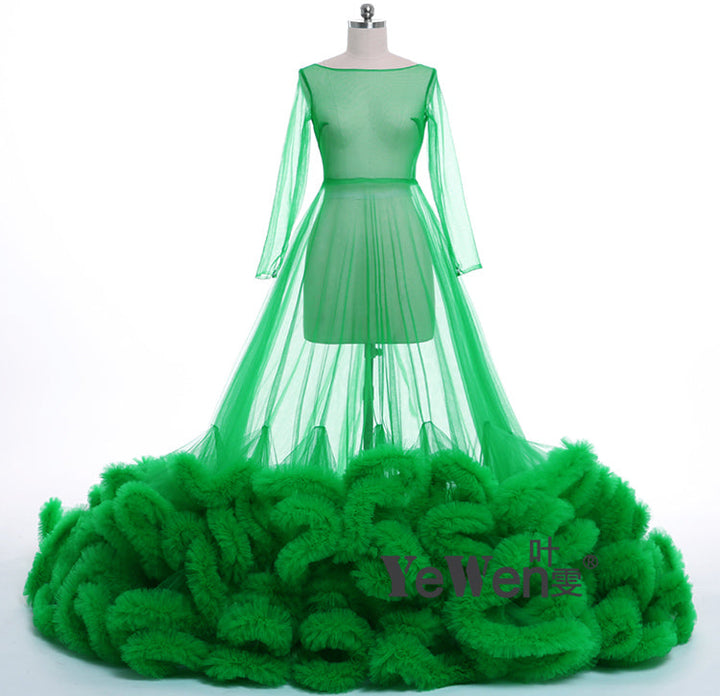 8005 Sexy Maxi-Brautkleid mit Rüschen, langen Ärmeln, durchsichtig, Umstandskleider für Fotoshootings, YEWEN 