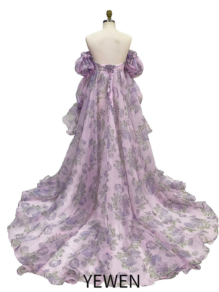 Neue Umstandskleider aus Organza-Seide mit Blumendruck für Fotoshootings, Babypartys, Fotografie-Requisiten, Schnürung am Rücken, YW221105 