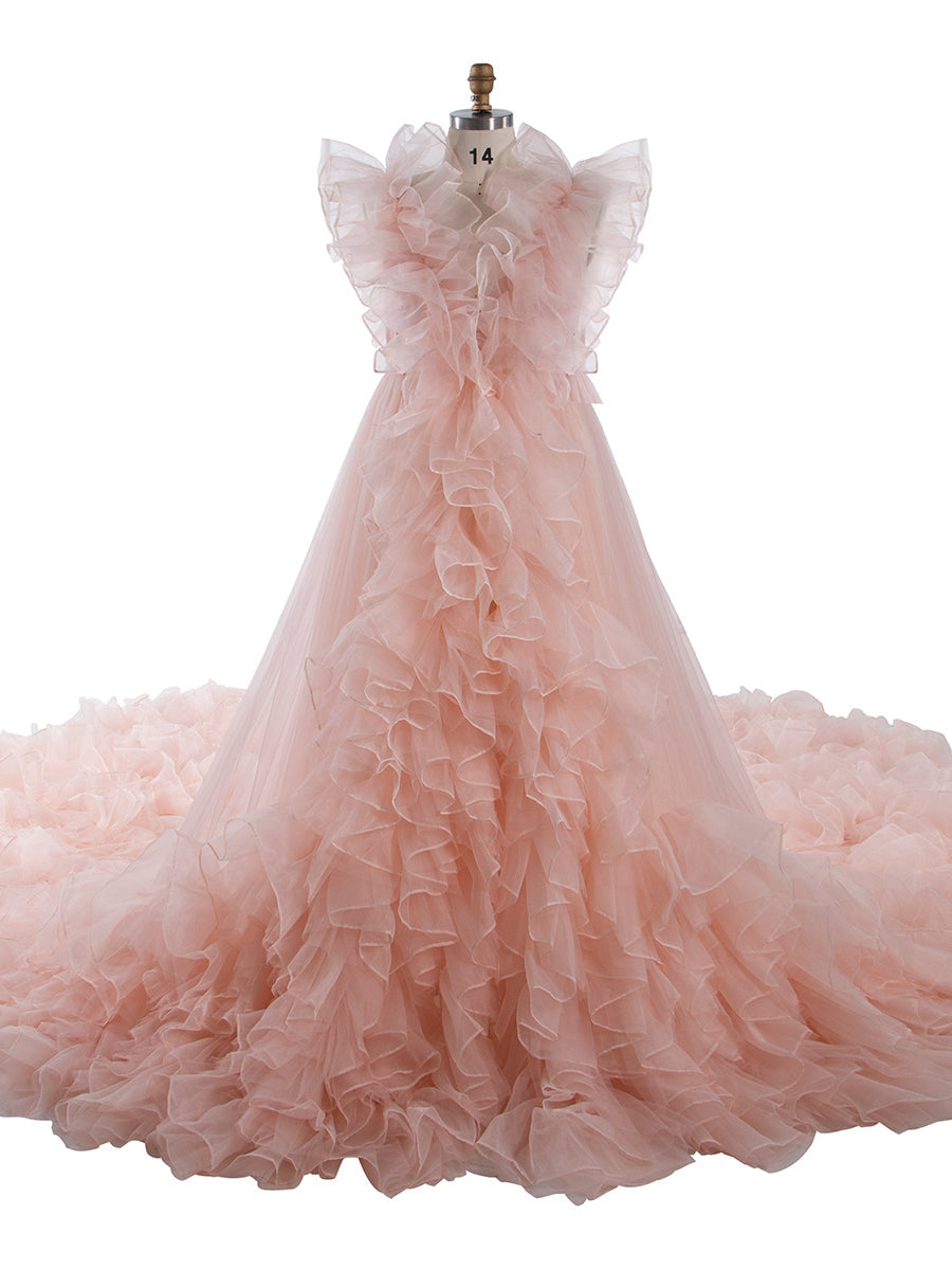 Long Train Ruffles Tulle Red Wedding Dress Photo Shoot Dress YW230920