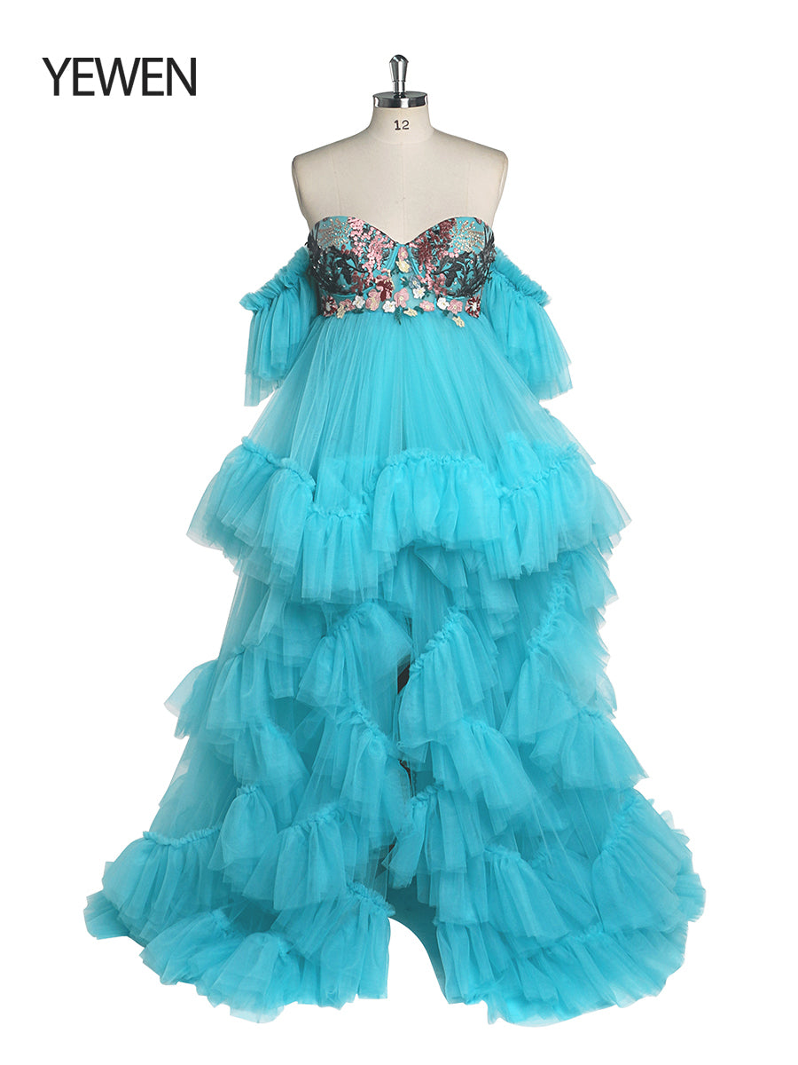 Tüll mit Stickerei Spitze Umstandskleid für Foto-Shooting Rüschen Maxi Frau Fotografie Kleid Outfit YW220628 