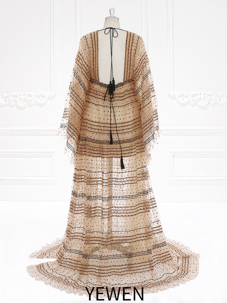 Tan Black Polka Dot Tüll Umstandskleid Frau Boho Robe Strandkleid für Fotoshooting 