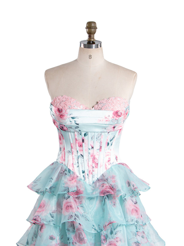 Wunderschönes, schulterfreies, langes Ballkleid in A-Linie mit Rüschen, bedruckt, YW240048 