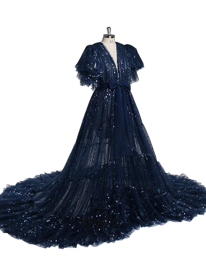 Marineblaues, funkelndes Abendkleid, lang, vorne offen, Rüschenärmel, Fotoshooting-Kleid, kurze Schleppe, Umstandskleid für Babyparty 