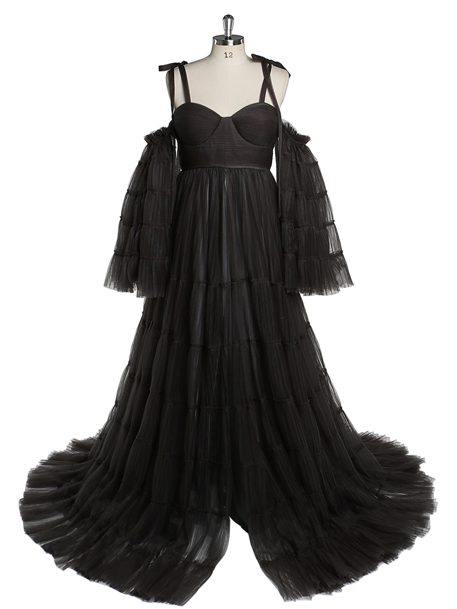 Plissiertes Umstandskleid aus Tüll für Fotoshootings, große ausgestellte Ärmel, Fotoshooting-Kleid für Damen, YW21025
