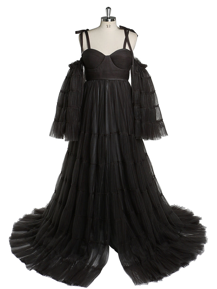 Plissiertes Umstandskleid aus Tüll für Fotoshootings, große ausgestellte Ärmel, Fotoshooting-Kleid für Damen, YW21025