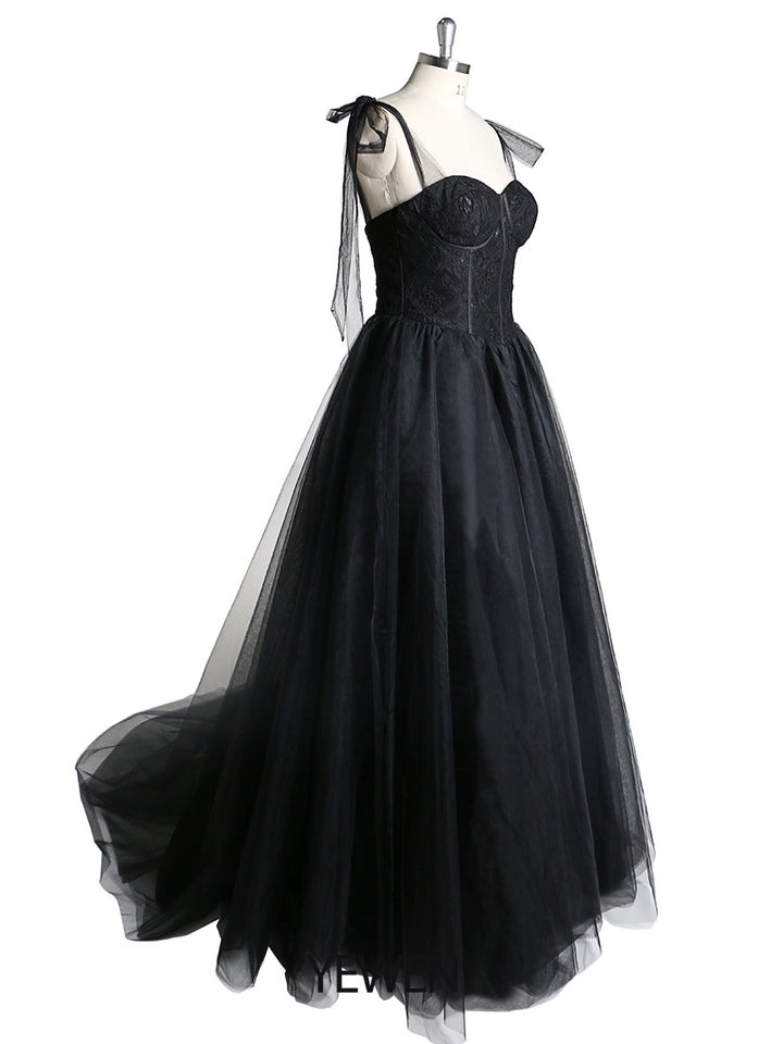Schwarzes, schlichtes Partykleid mit Spaghettiträgern, formelles Tüllkleid, Abendkleid 