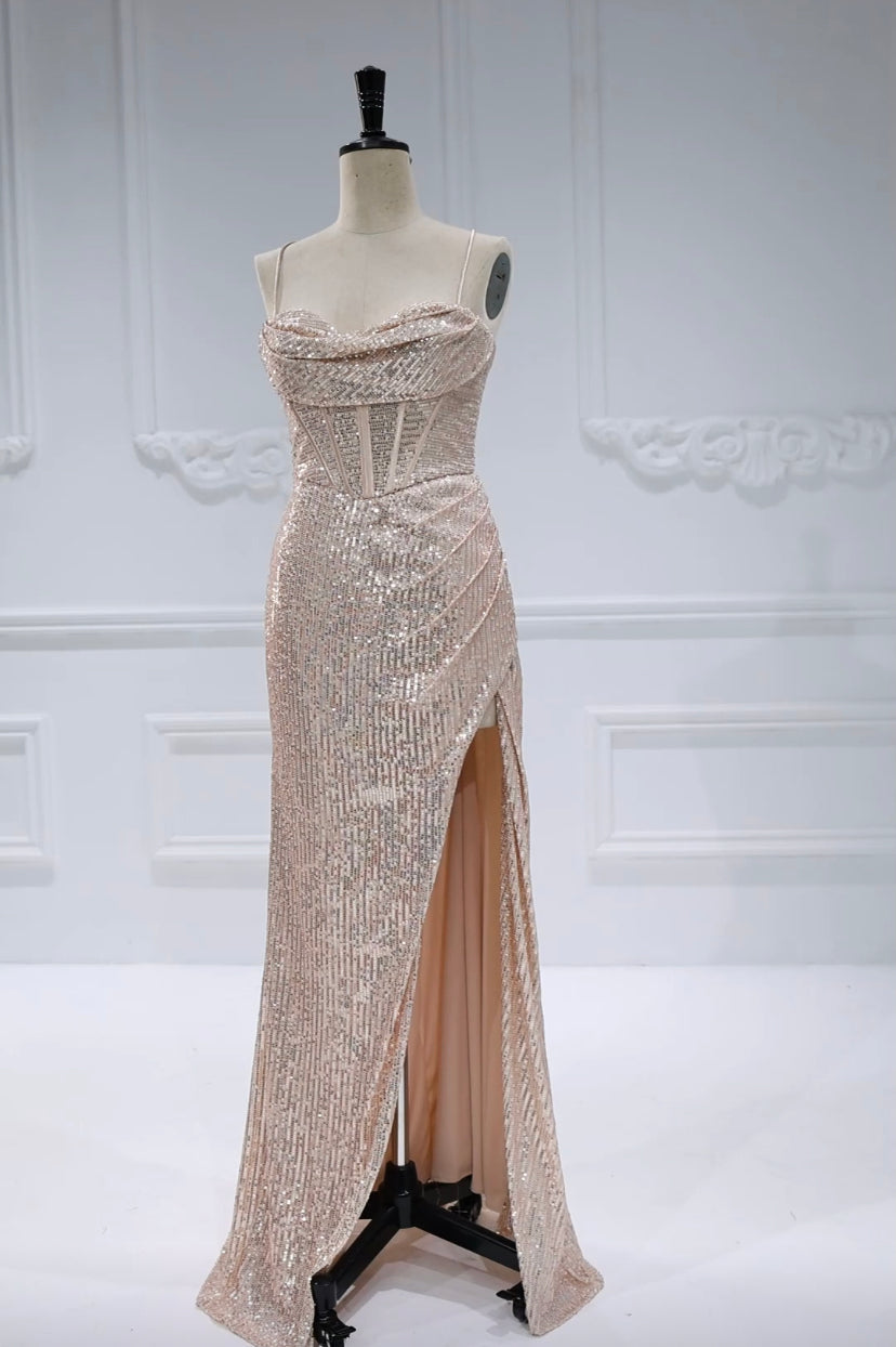 Sequin Draped-Neck, High-Slit, Prom Gown