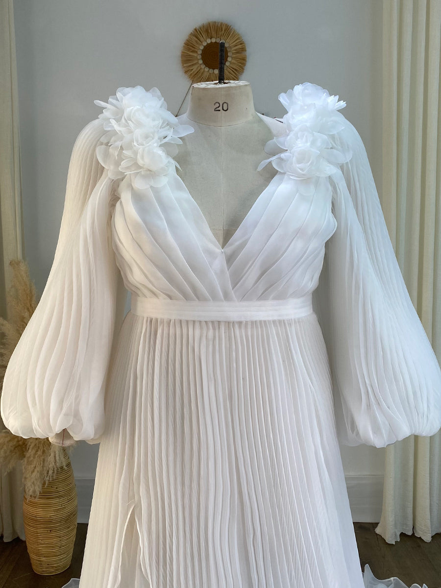 Lange Ärmel V-Ausschnitt Hochzeit Brautjungfernkleid Weiches Organza Plisseekleid YW243114 