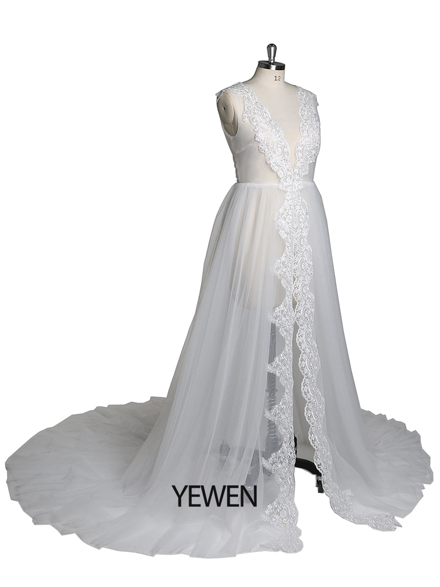 Elegantes ärmelloses sexy Tüll-Spitzen-Maxi-Brautkleid mit Schlitz, Umstandskleid für Fotoshooting 