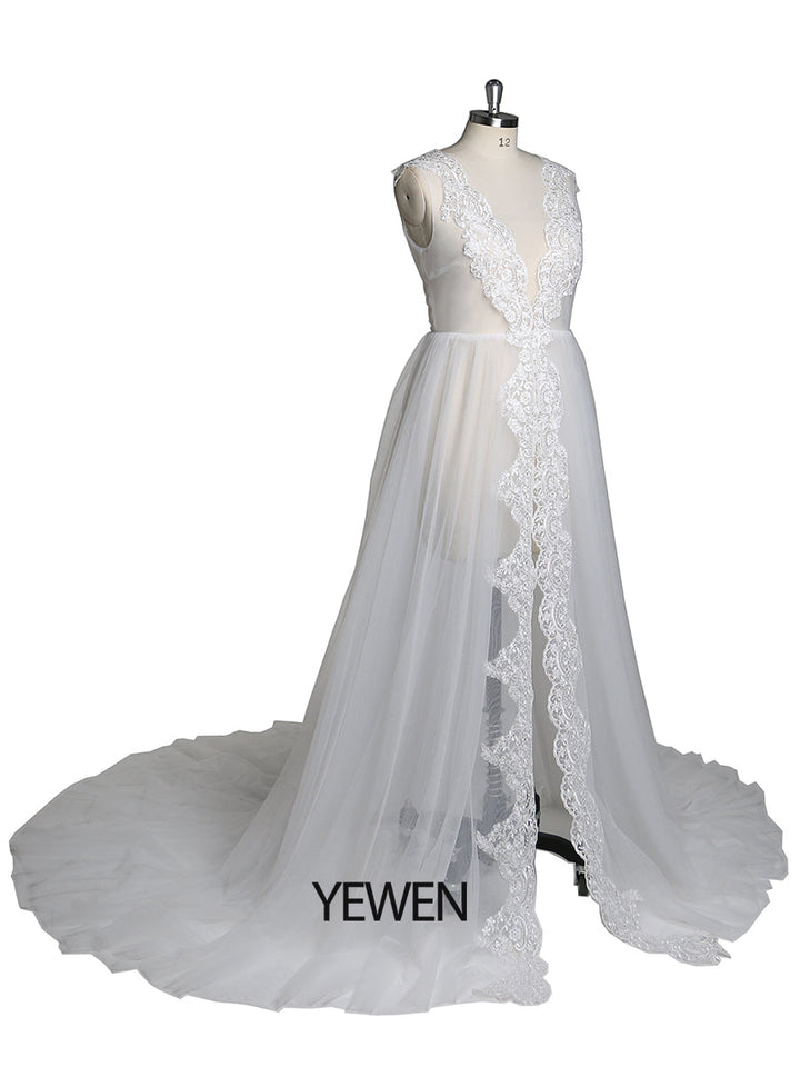 Elegantes ärmelloses sexy Tüll-Spitzen-Maxi-Brautkleid mit Schlitz, Umstandskleid für Fotoshooting 
