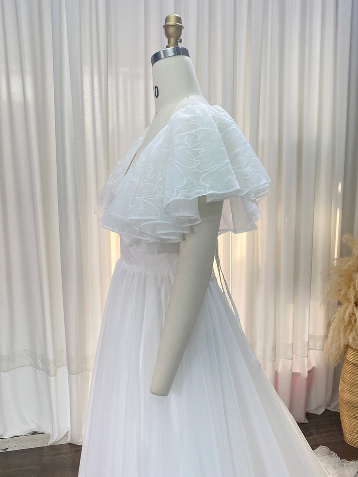 V-Ausschnitt Besticktes Bohemian Spitzen Brautkleid Boho Maxikleid für Hochzeiten YW240080-1