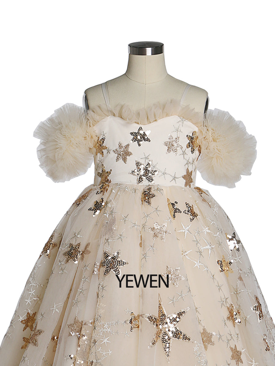 Champagner Stern Tüll Blumenmädchenkleider für Hochzeiten Geburtstagsfeiern Prinzessin Kinder Fotoshooting Kleid YEWEN