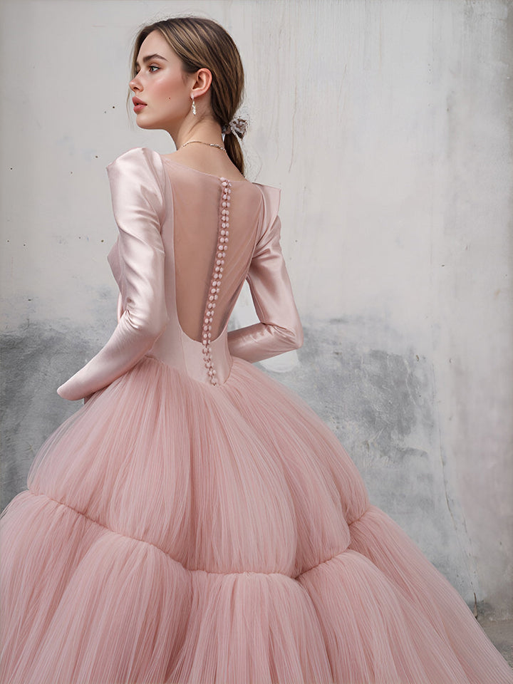 Zartrosa Eventkleid Puffiges Tüllkleid mit langer Schleppe Farbiges Hochzeitskleid Fotografiekleid 