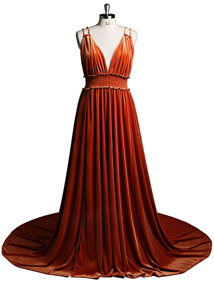 Samtkleid mit V-Ausschnitt, elastischer Taille und Seitenschlitz, langes Fotoshooting-Kleid YD21827 