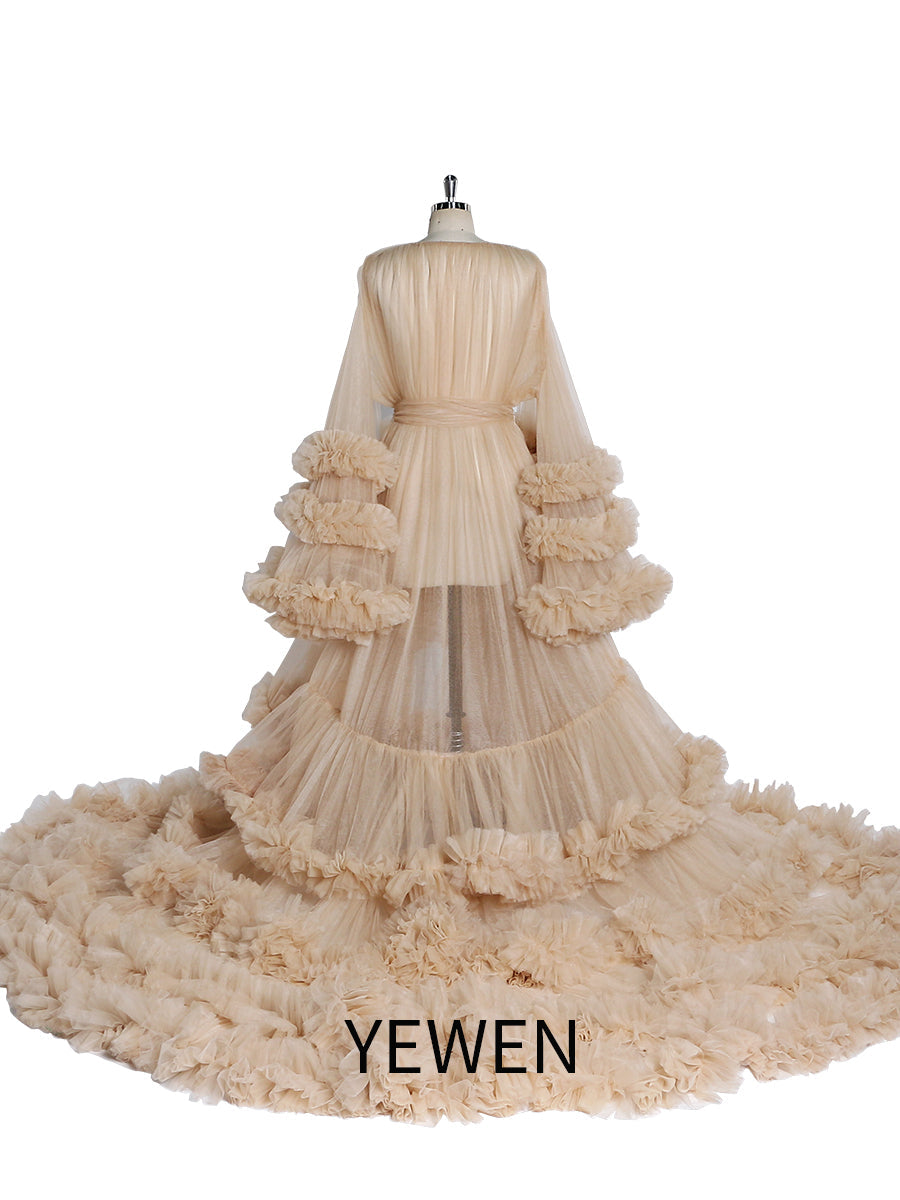 Langes Umstandskleid mit Tüllrüschen für Babyparty, Fotografie, Schwangeres Kleid YW220931 