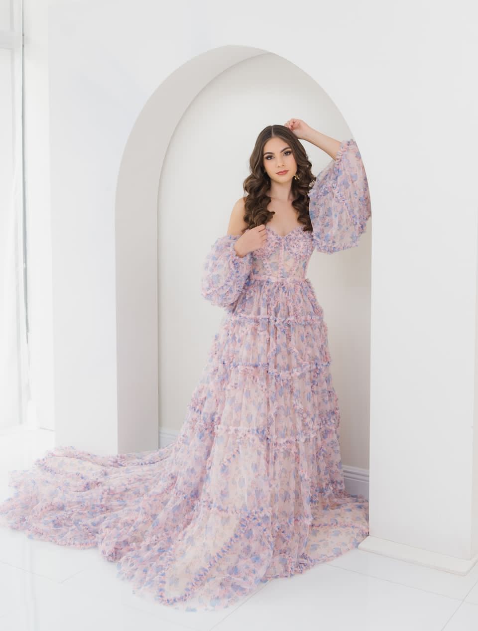 Elegant Floral Tulle Maxi Dress with Sleeves , Woman Photoshoot Dress