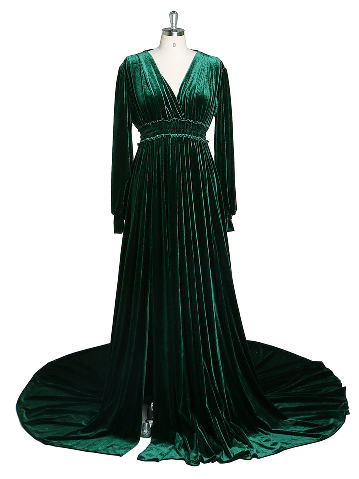 Winter-Abendkleid aus Samt mit V-Ausschnitt, langen Ärmeln, Stretch-Taille, seitlicher Schlitz, Fotoshooting-Kleid, Umstandskleider YD211030 
