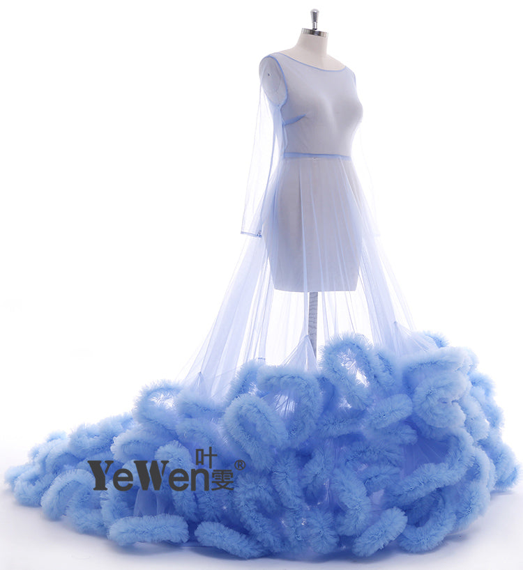 8005 Sexy Maxi-Brautkleid mit Rüschen, langen Ärmeln, durchsichtig, Umstandskleider für Fotoshootings, YEWEN 