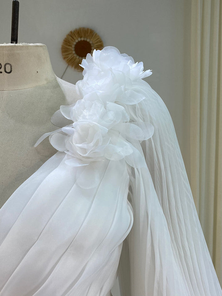 Lange Ärmel V-Ausschnitt Hochzeit Brautjungfernkleid Weiches Organza Plisseekleid YW243114 