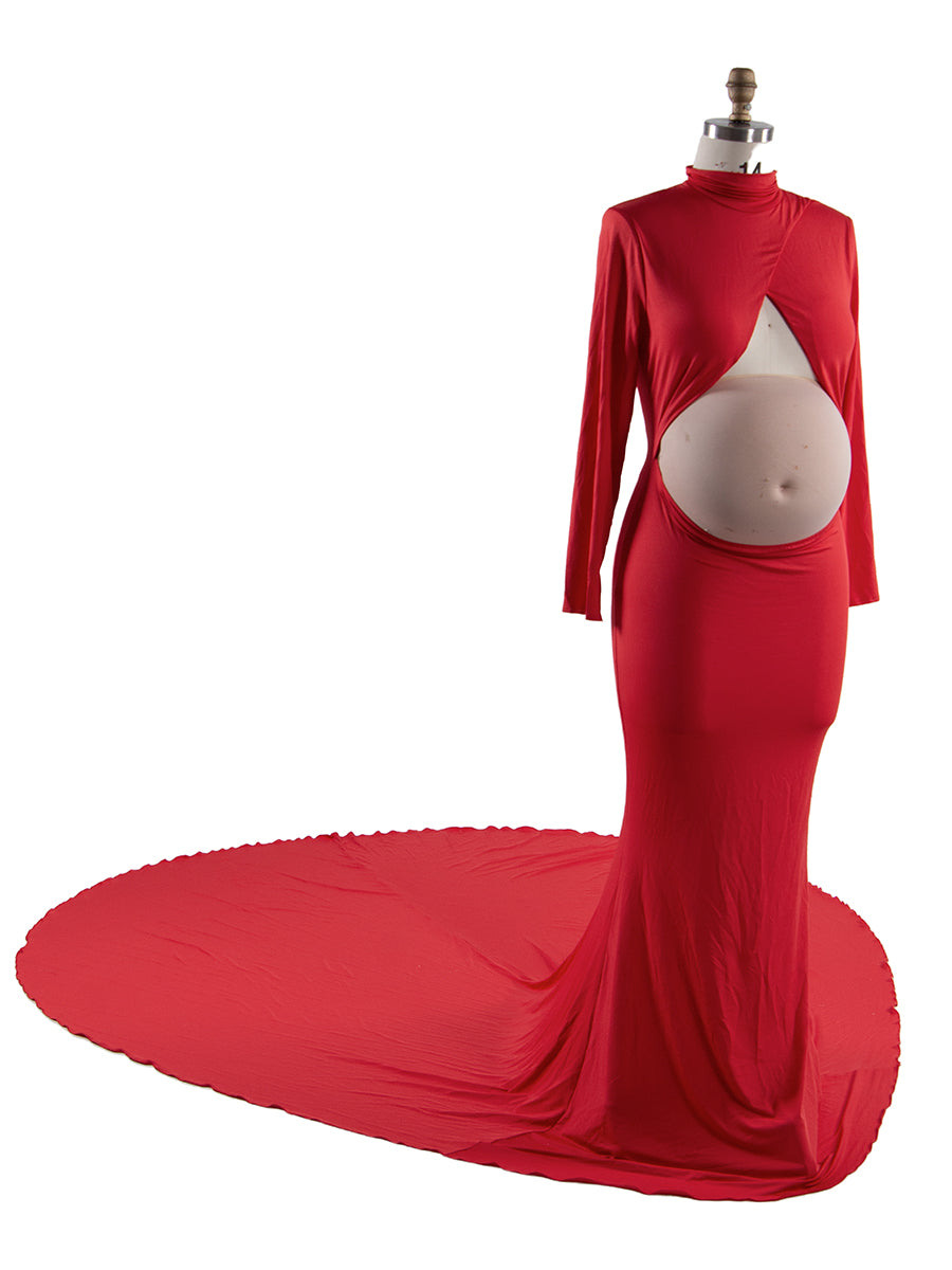 Lange Ärmel, dehnbarer Stoff, rote Umstandskleider für Fotoshootings, Show, Bauch, Babyparty-Kleider YW243168