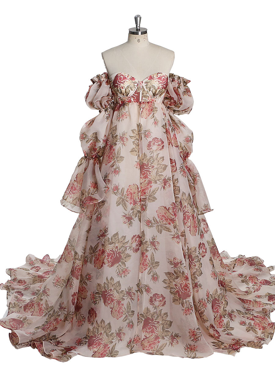 Neue Umstandskleider aus Organza-Seide mit Blumendruck für Fotoshootings, Babypartys, Fotografie-Requisiten, Schnürung am Rücken, YW221105 