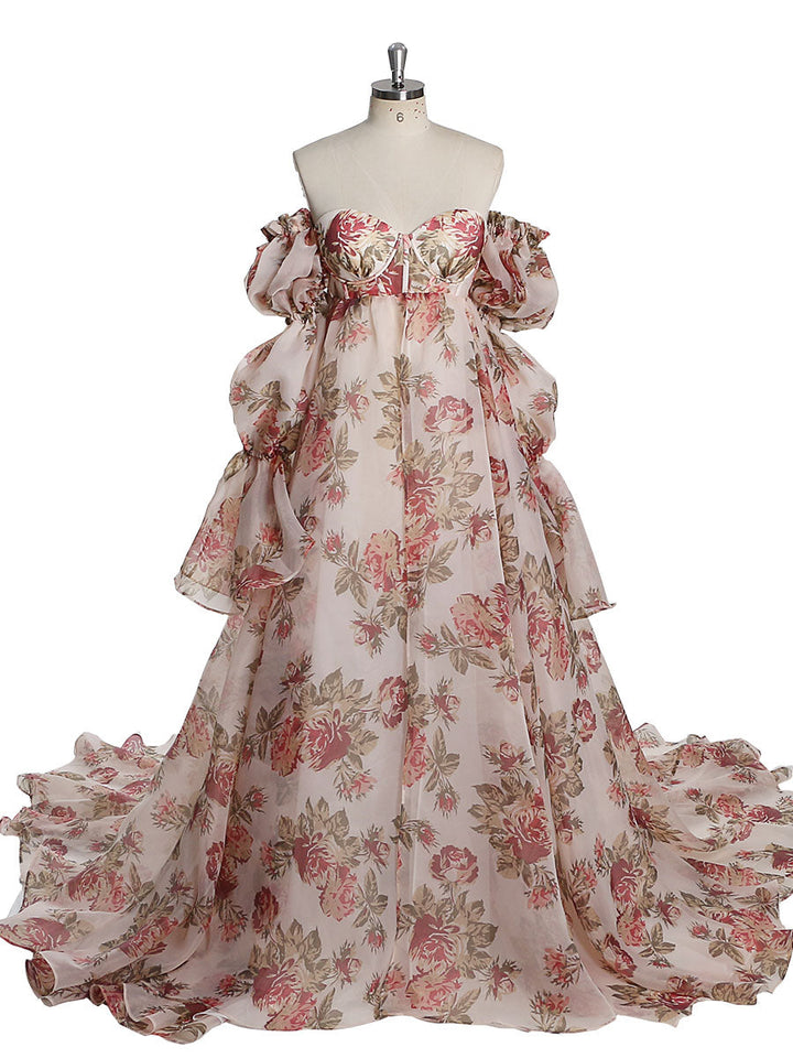 Neue Umstandskleider aus Organza-Seide mit Blumendruck für Fotoshootings, Babypartys, Fotografie-Requisiten, Schnürung am Rücken, YW221105 