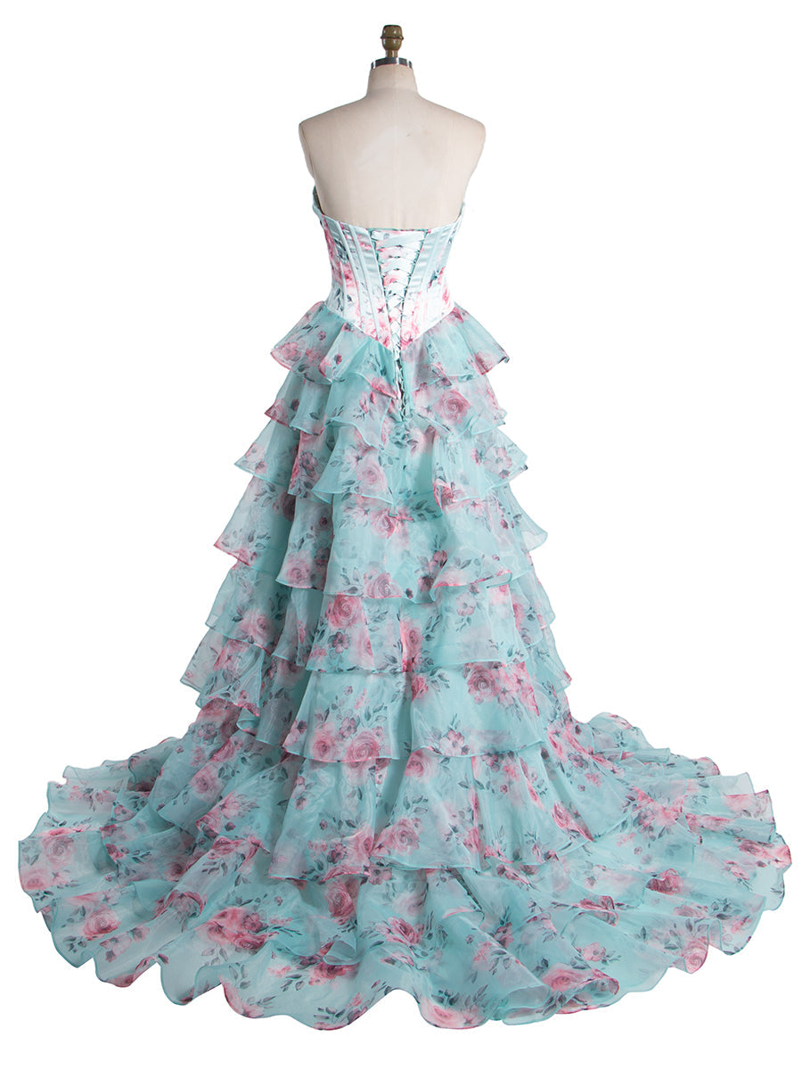 Wunderschönes, schulterfreies, langes Ballkleid in A-Linie mit Rüschen, bedruckt, YW240048 