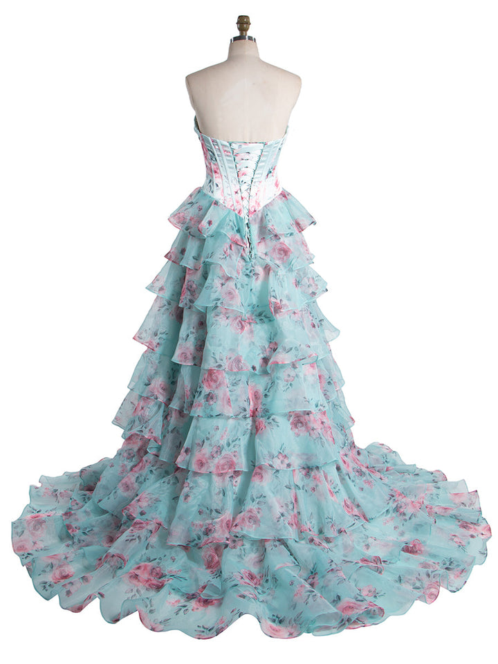 Wunderschönes, schulterfreies, langes Ballkleid in A-Linie mit Rüschen, bedruckt, YW240048 