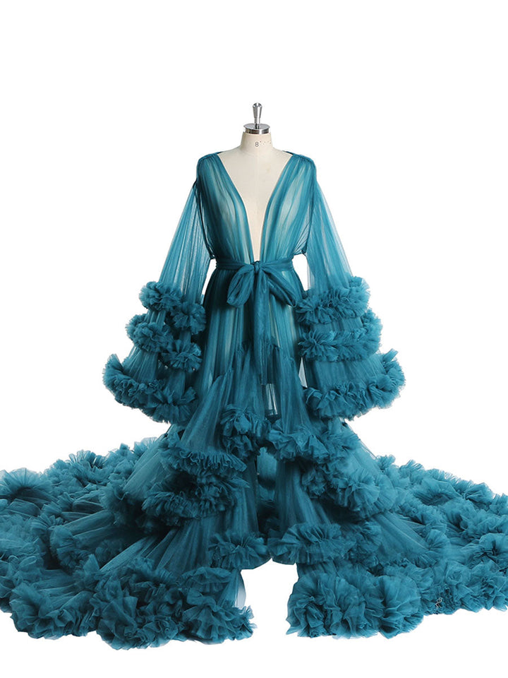 Langes Umstandskleid mit Tüllrüschen für Babyparty, Fotografie, Schwangeres Kleid YW220931 