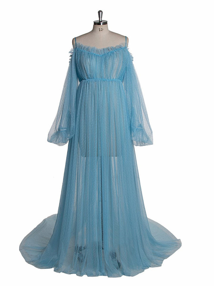 Sexy, schulterfreies, langärmliges Maxikleid aus gepunkteter Spitze, blaues Umstandskleid für Fotoshootings