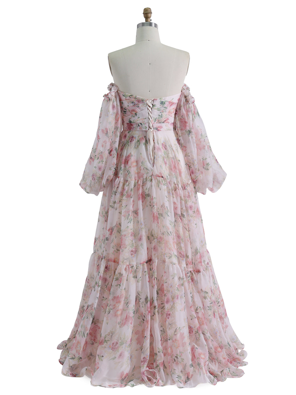 Floor Length , Pink Floral Printing Prom Dress,  Long Sleeves
