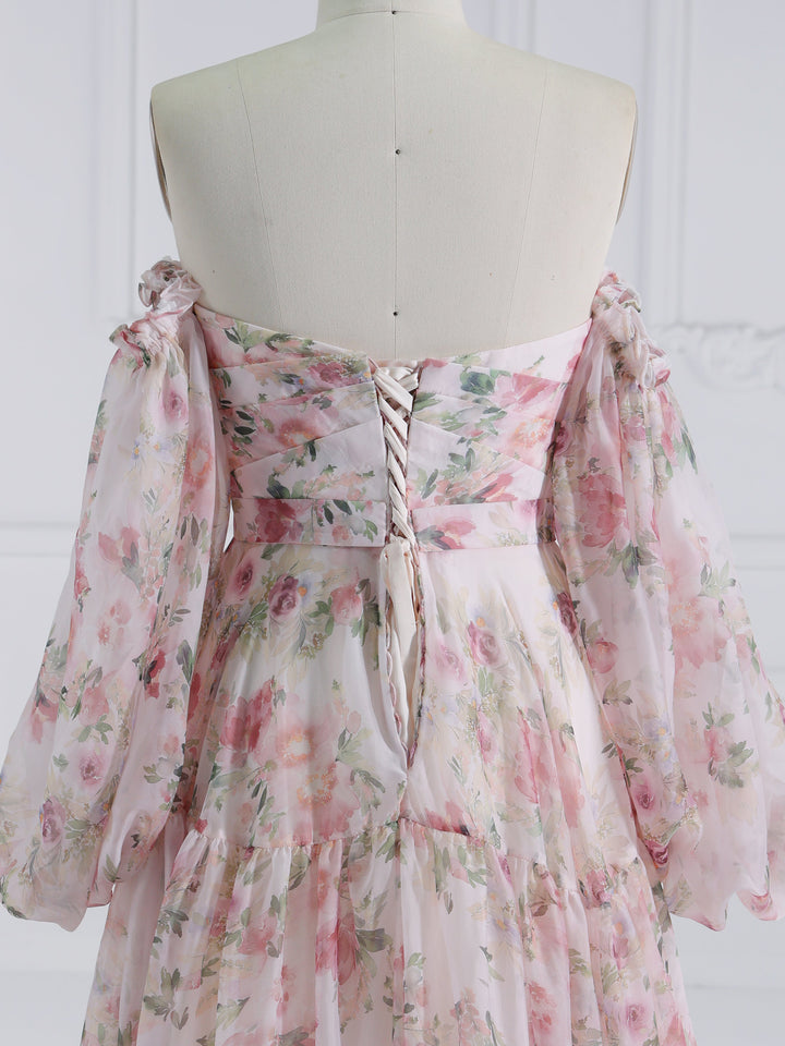 Floor Length , Pink Floral Printing Prom Dress,  Long Sleeves