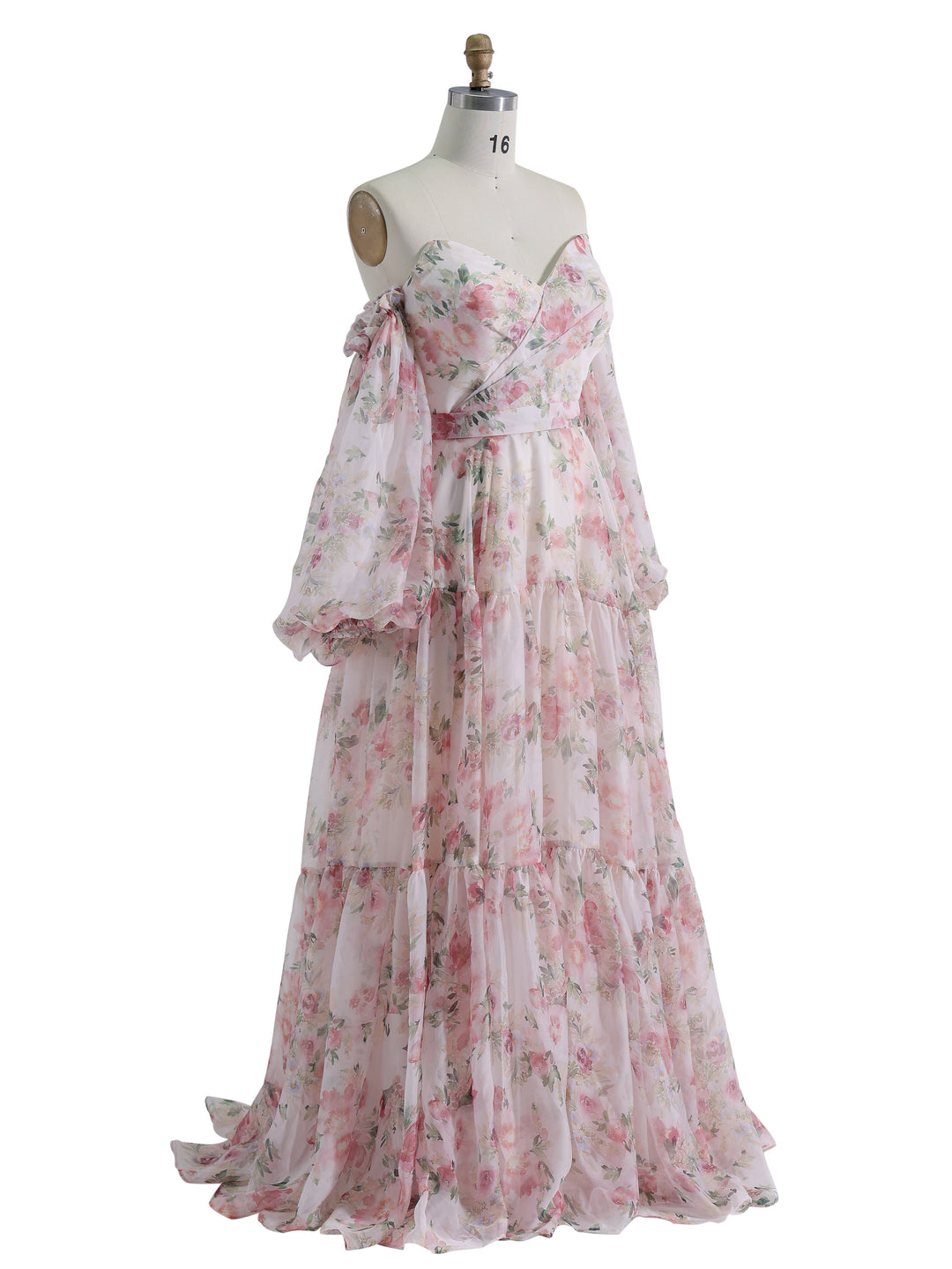 Floor Length , Pink Floral Printing Prom Dress,  Long Sleeves