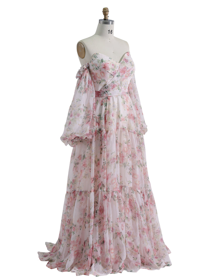 Floor Length , Pink Floral Printing Prom Dress,  Long Sleeves
