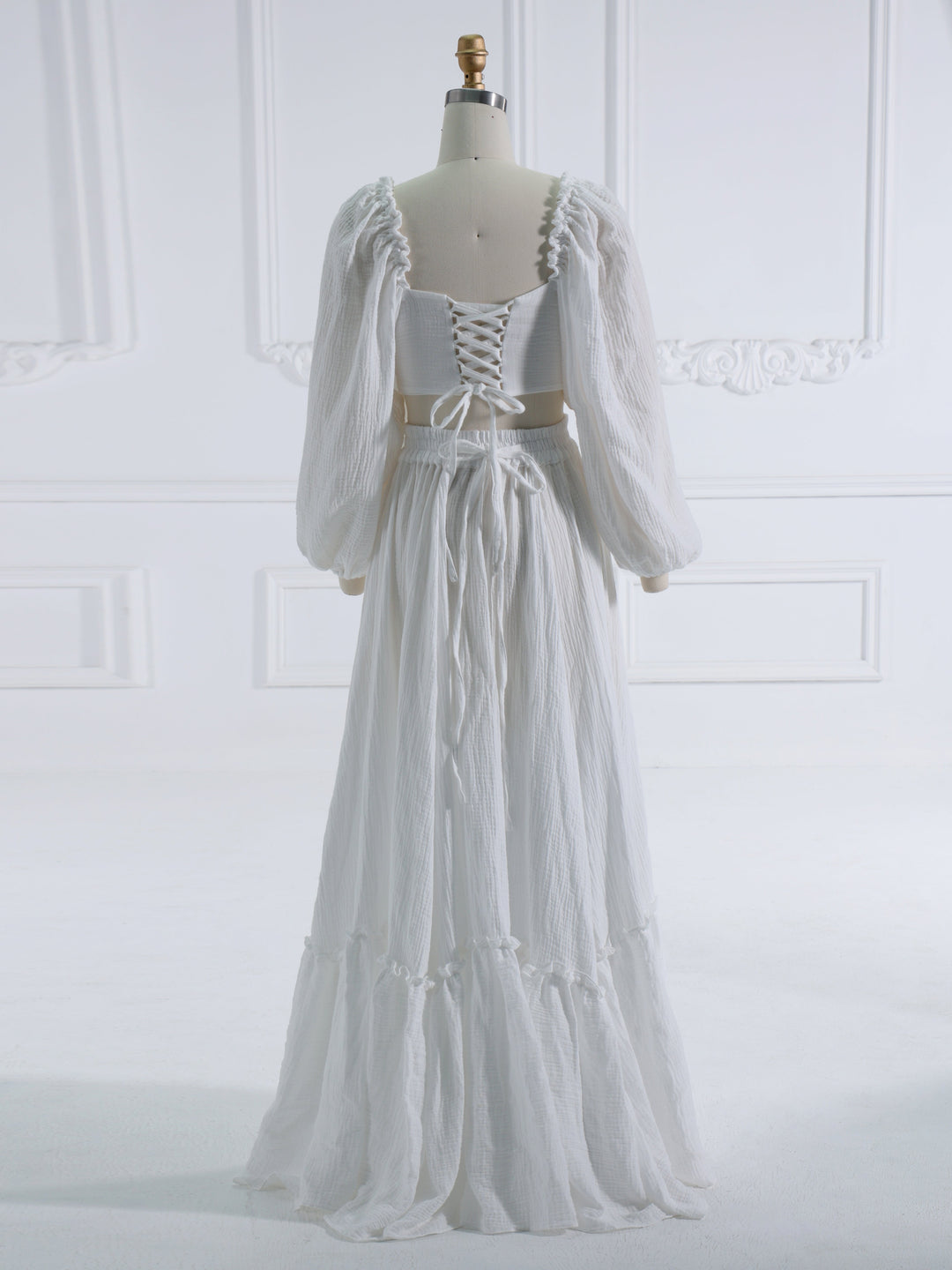 Lange Ärmel Verstellbarer Rücken Frau Baumwolle Maxikleid Fotoshooting Kleider Outfit YW231113 