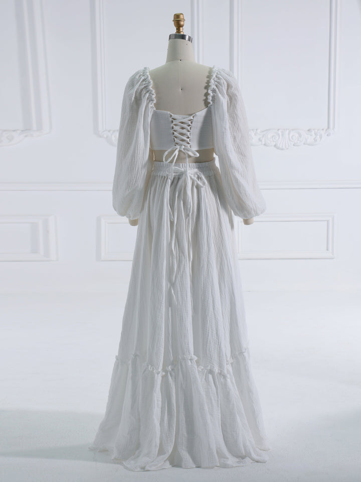 Lange Ärmel Verstellbarer Rücken Frau Baumwolle Maxikleid Fotoshooting Kleider Outfit YW231113 