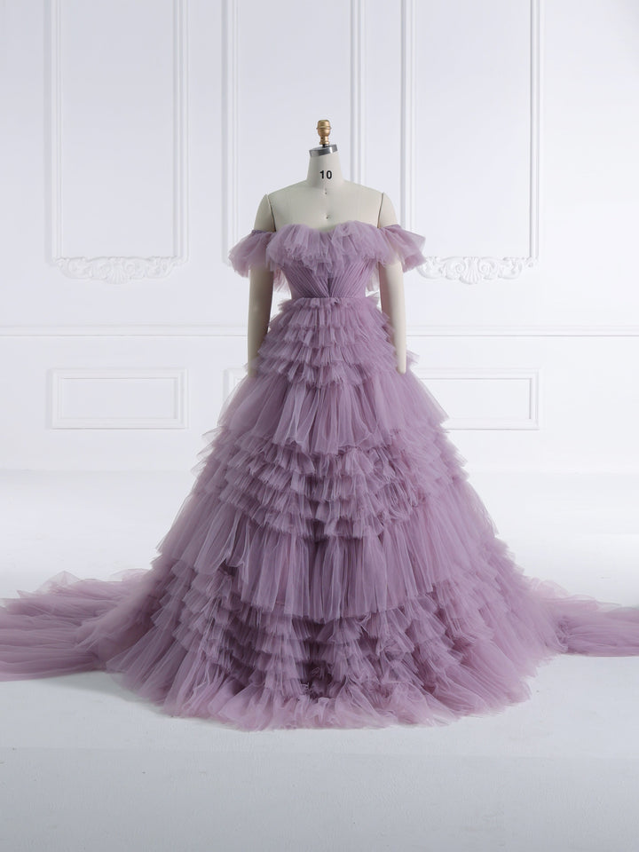 Elegantes schulterfreies Rüschen-Brautkleid in bunten Tüll für Fotoshootings YW231157 