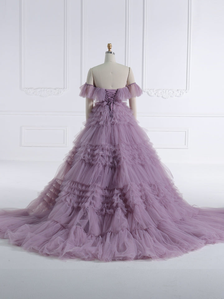 Elegantes schulterfreies Rüschen-Brautkleid in bunten Tüll für Fotoshootings YW231157 