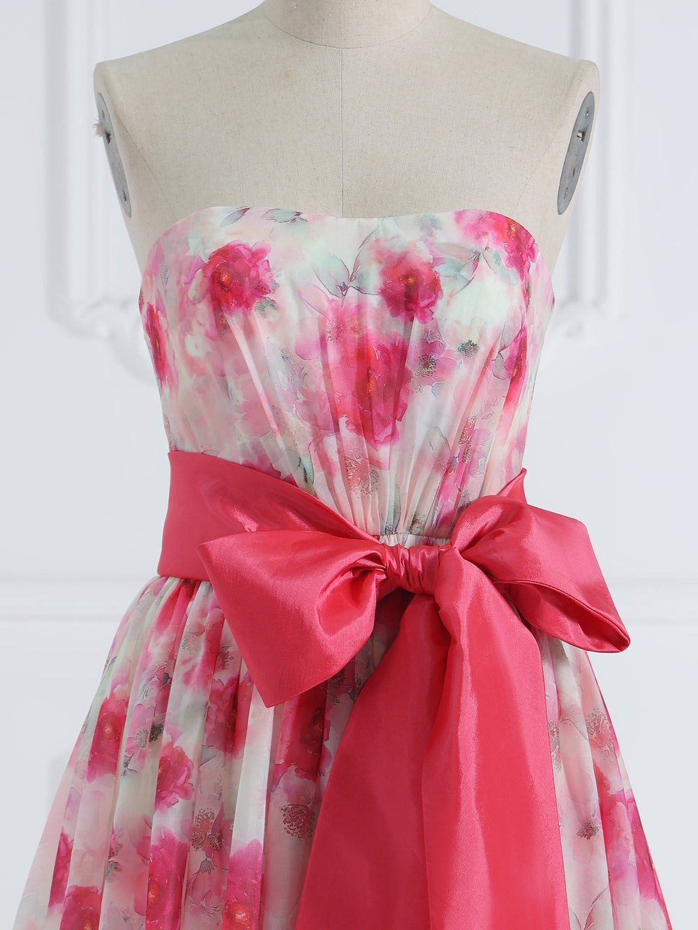 Strapless Floor Length Pink Printing Organza Prom Dresses with Bow Belt