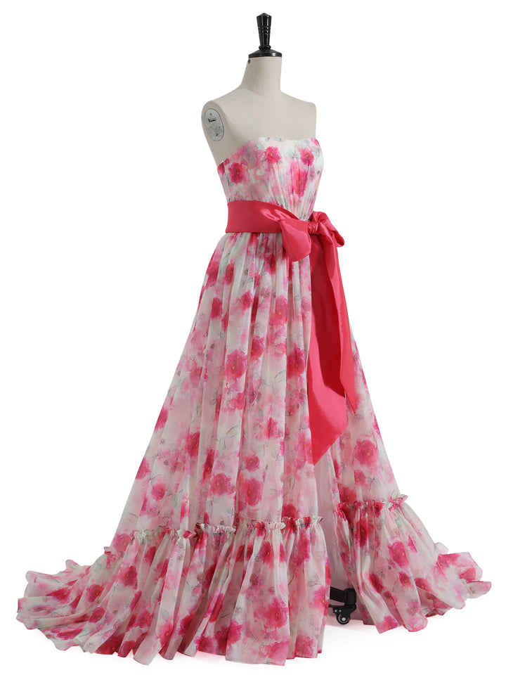 Strapless Floor Length Pink Printing Organza Prom Dresses with Bow Belt