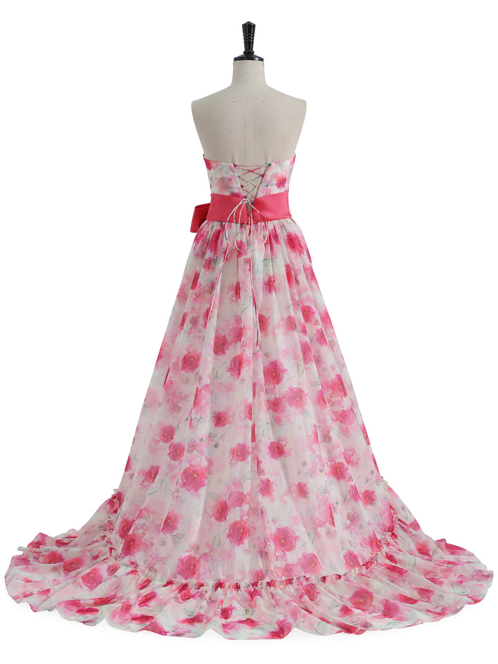 Strapless Floor Length Pink Printing Organza Prom Dresses with Bow Belt