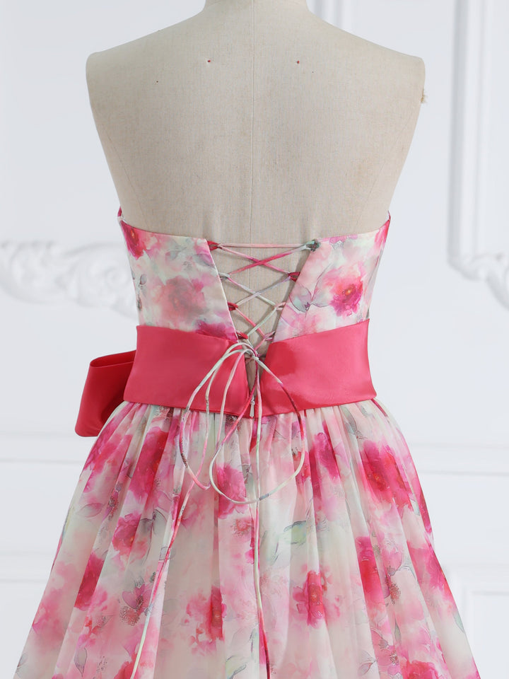 Strapless Floor Length Pink Printing Organza Prom Dresses with Bow Belt