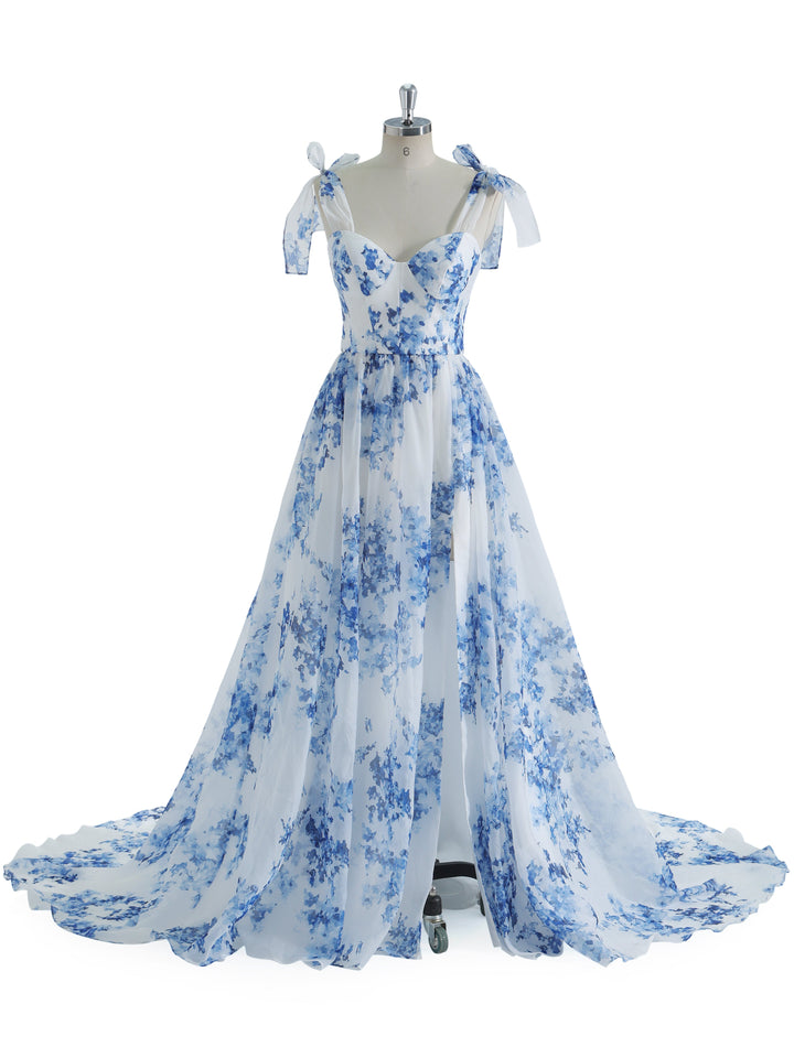 A-line, Sweetheart SweepTrain Blue Printing Organza Prom Dresses