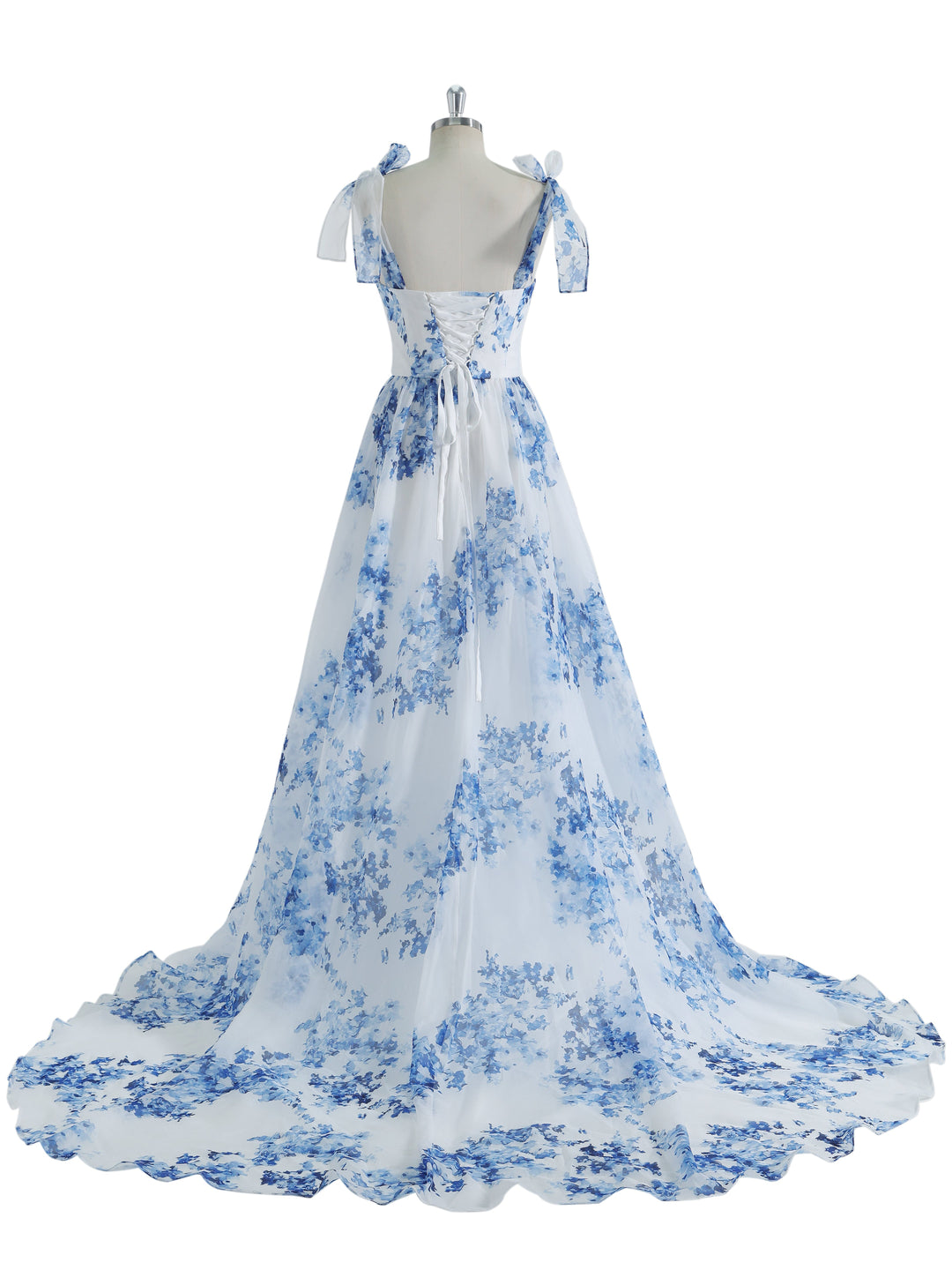 A-line, Sweetheart SweepTrain Blue Printing Organza Prom Dresses