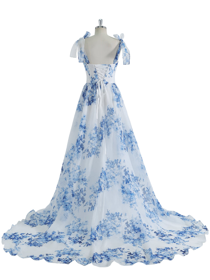 A-line, Sweetheart SweepTrain Blue Printing Organza Prom Dresses