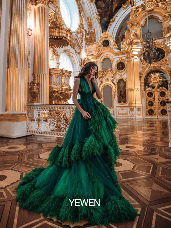 Sexy V-Ausschnitt Rückenfrei Federn Luxus Bunte Brautkleider Fotografie Kleid 10092 