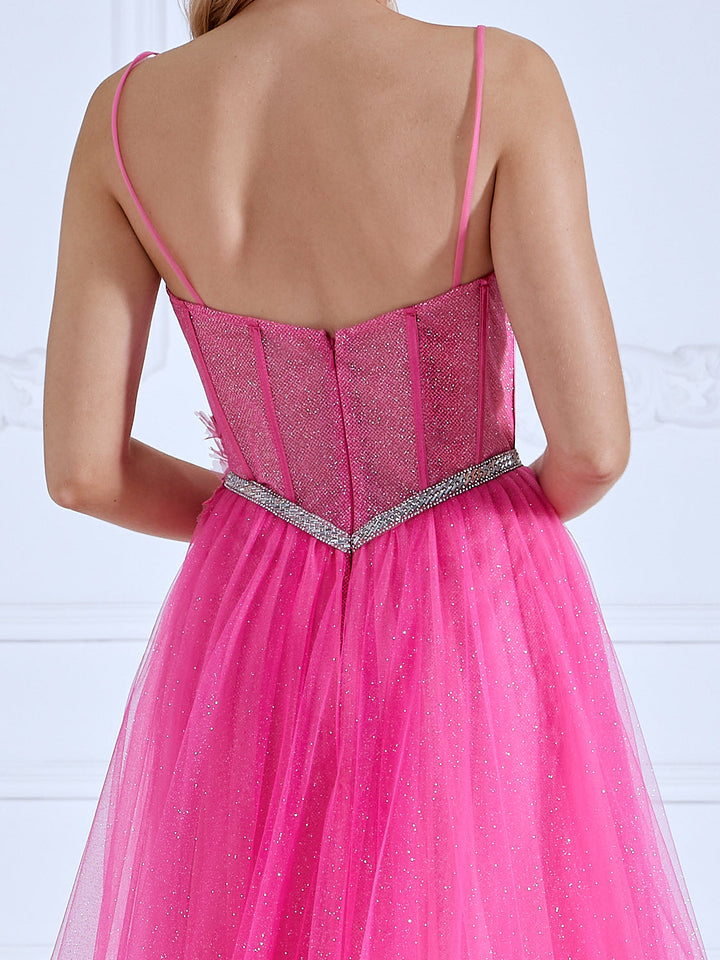 A-line , Sweetheart, Floor-Length ,Shinny Hot Pink, Prom Dresses with Crystals Belt