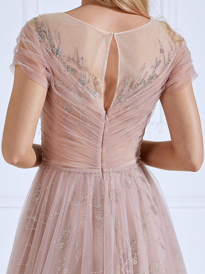 A Line,  illusion Round Neck, Floor Length , Tulle Prom Dresses With Glitter Pattern