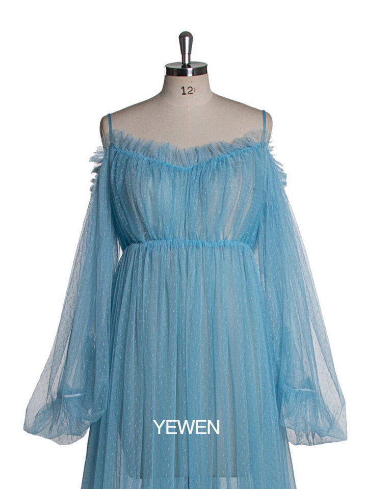 Sexy, schulterfreies, langärmliges Maxikleid aus gepunkteter Spitze, blaues Umstandskleid für Fotoshootings
