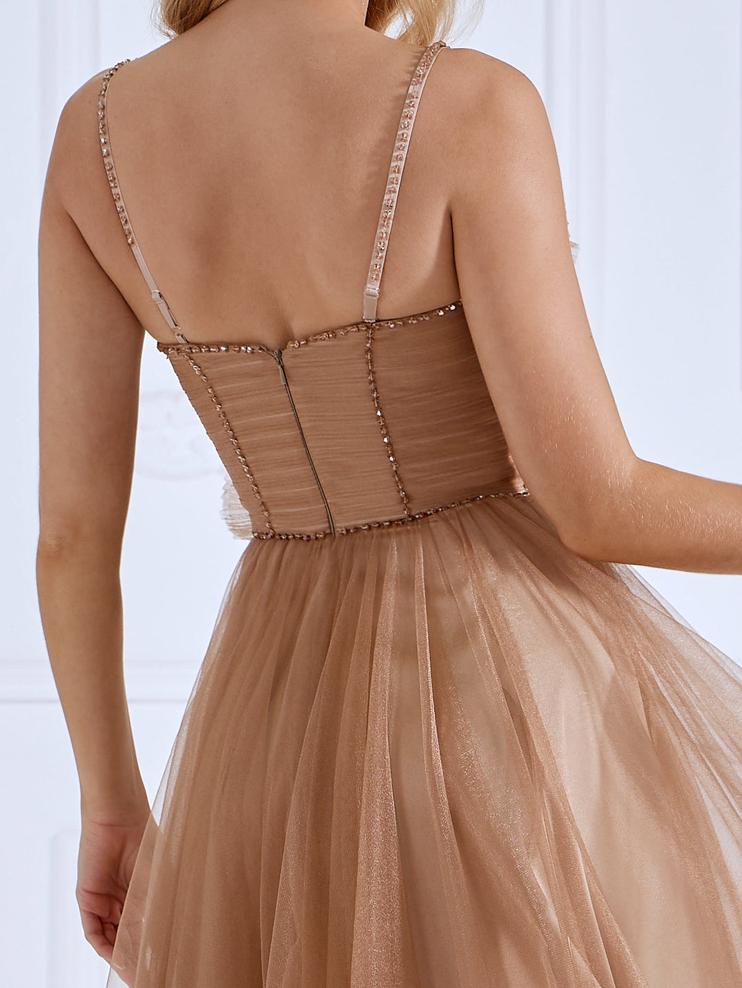 Spaghetti Strap, Glitter Mesh, Ankle Length , Prom Ball Gown 